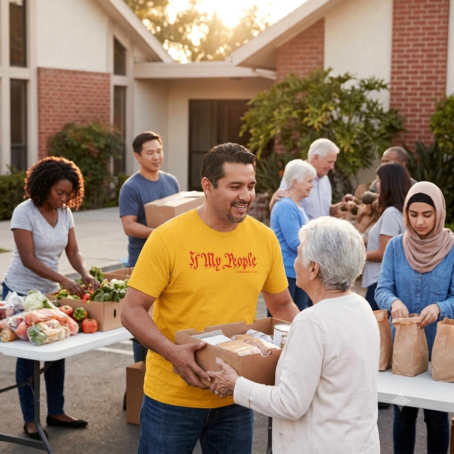 Community food distribution featuring the gold If My People Premium T-Shirt