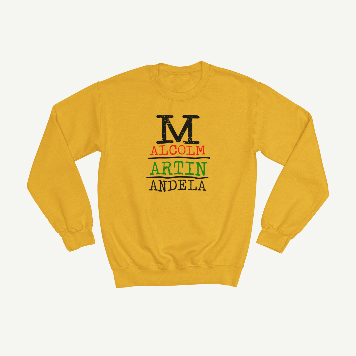 Gold Malcolm Martin and Mandela global legacy crewneck sweatshirt on a warm neutral background