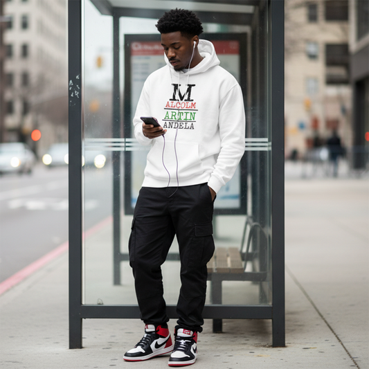 Malcolm, Martin and Mandela Legacy premium white hoodie lifestyle cover