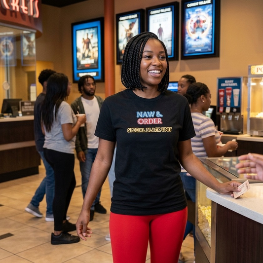 Woman wearing the Naw & Order Special Black Unit black T-shirt