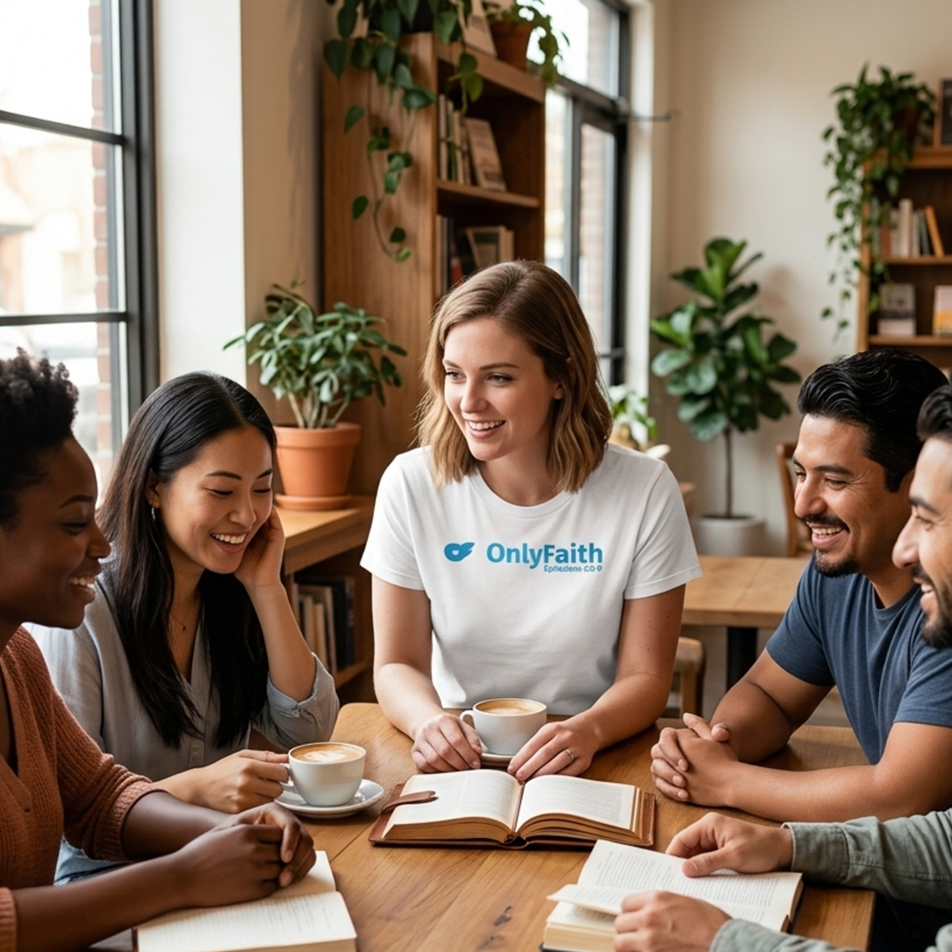 Diverse bookstore gathering featuring the white Only Faith Premium T-Shirt