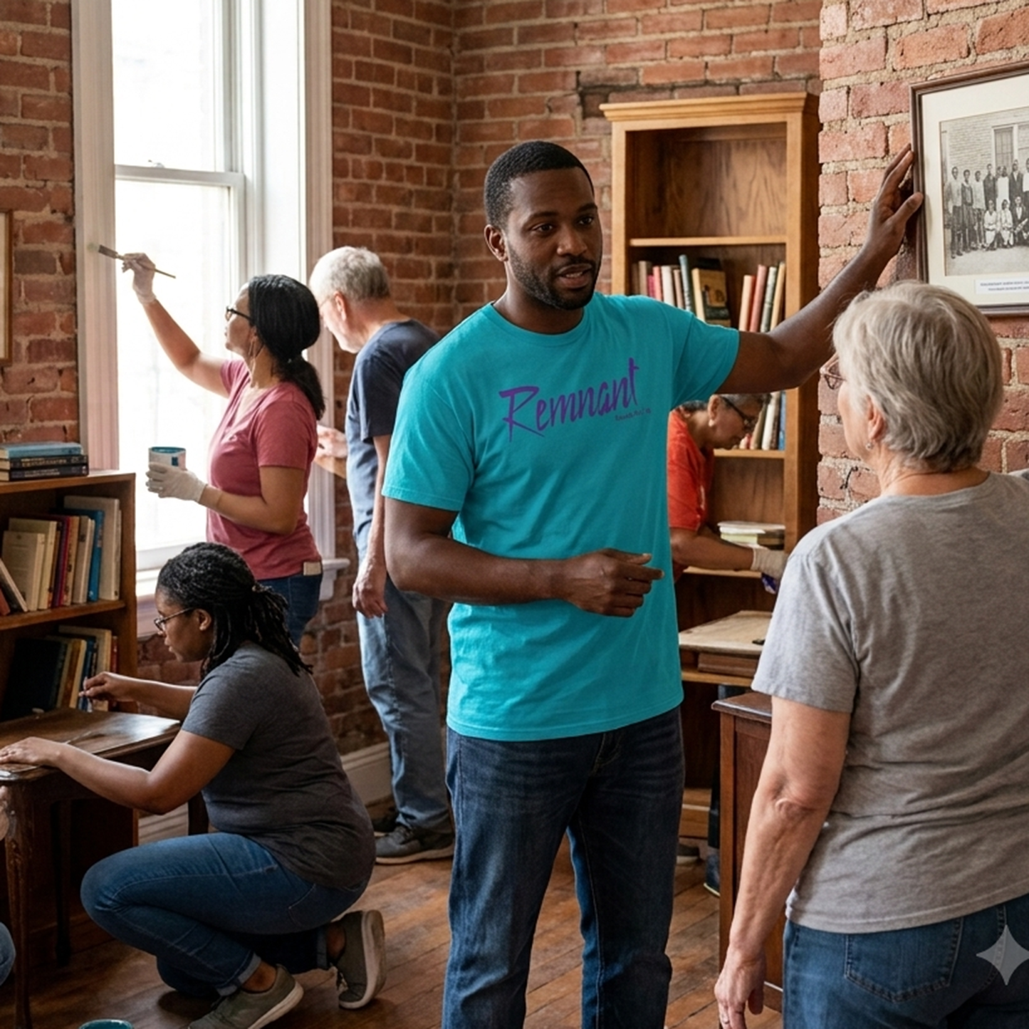 Community center restoration featuring the tropical blue Remnant Premium T-Shirt