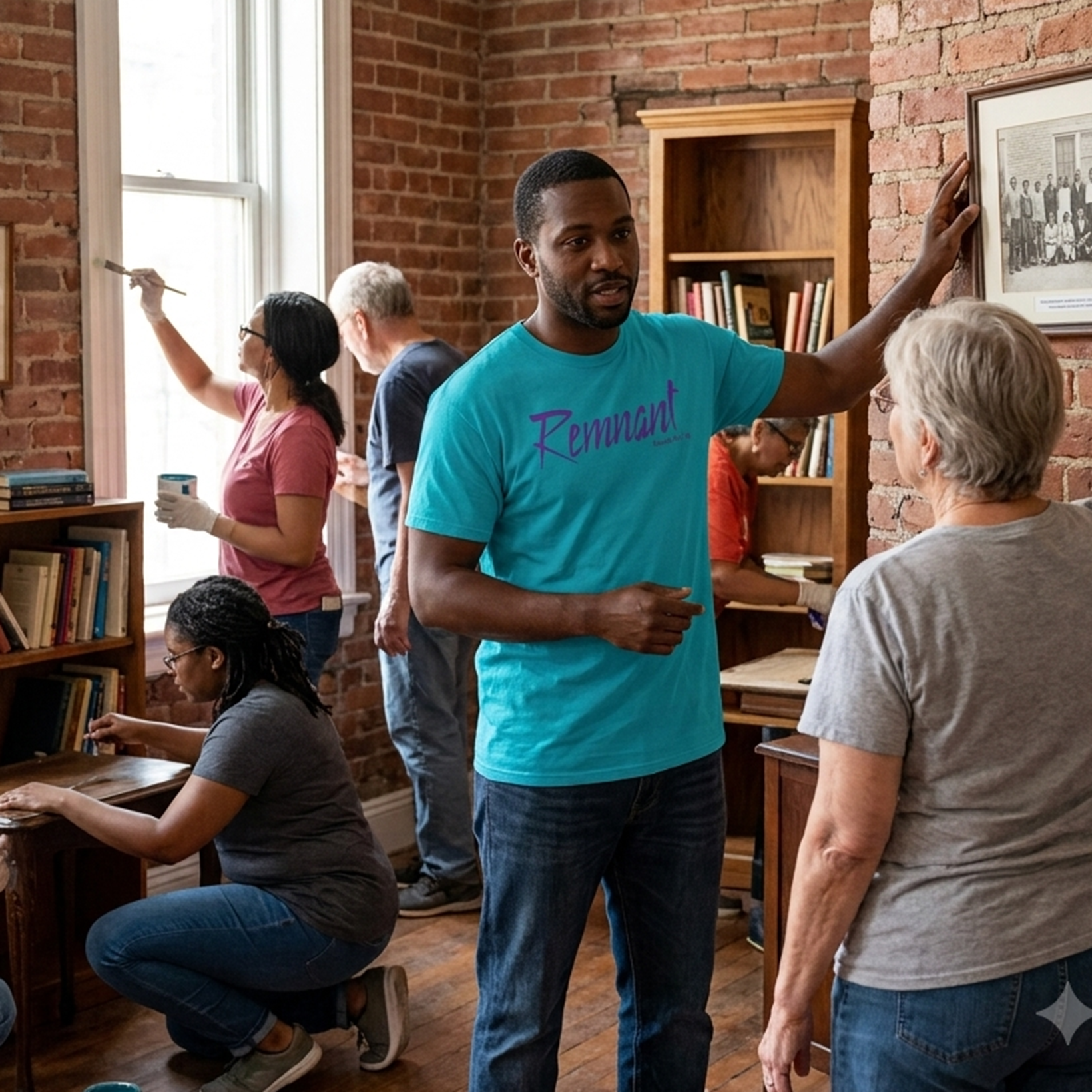 Community center restoration featuring the tropical blue Remnant Premium T-Shirt