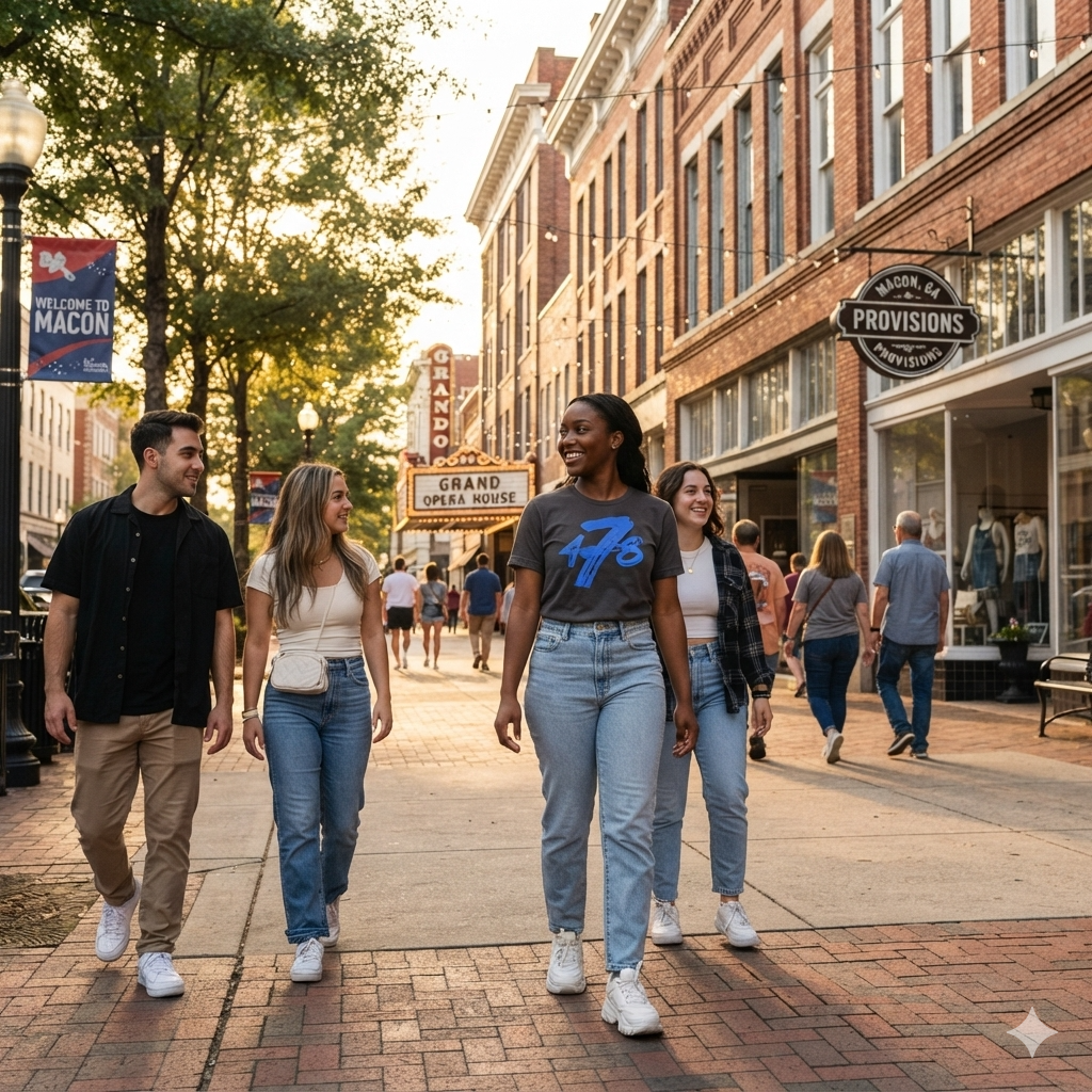 Four friends walking downtown in Macon, Georgia, with one wearing the Four Seven Eight T-shirt