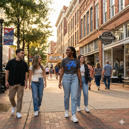 Four friends walking downtown in Macon, Georgia, with one wearing the Four Seven Eight T-shirt