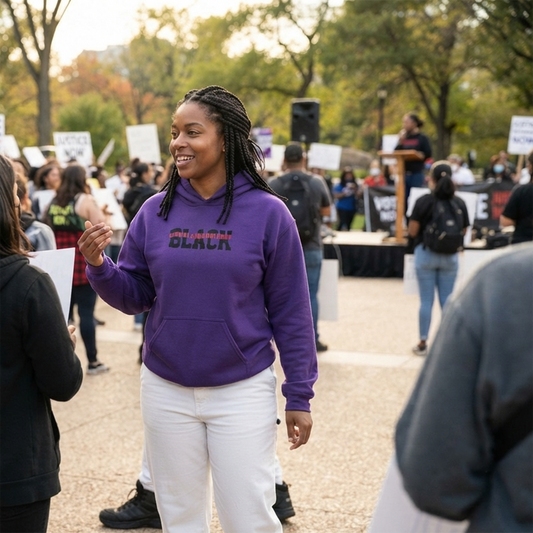Lifestyle image of a person wearing the Unapologetically Black purple hoodie