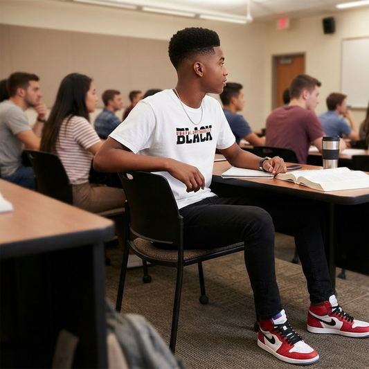 Lifestyle image of a person wearing the Unapologetically Black white T-shirt