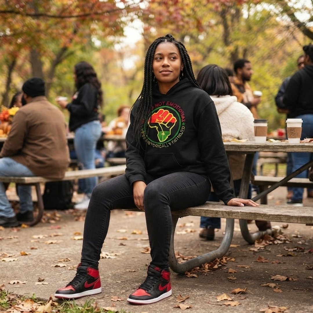 Woman wearing the We Are Not Emotional, We’re Historically Fatigued black hoodie at a community gathering