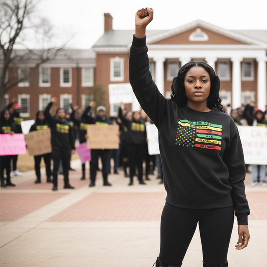 Woman wearing a black We Are Not Emotional, We Are Historically Fatigued Juneteenth Flag premium crewneck sweatshirt