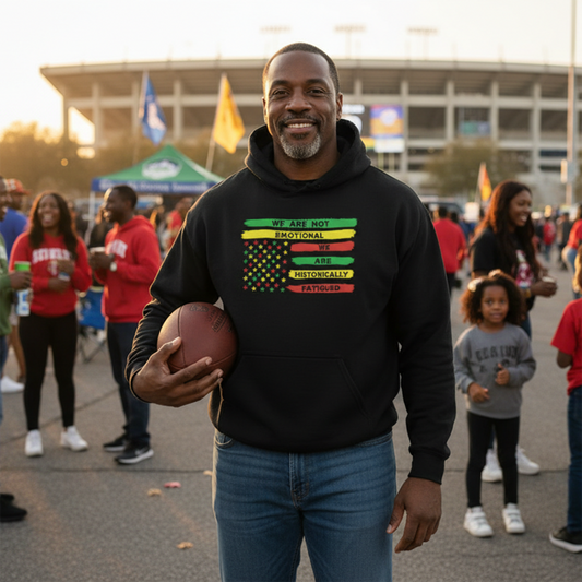 Man wearing a black We Are Not Emotional, We Are Historically Fatigued Juneteenth Flag premium hoodie at a football event