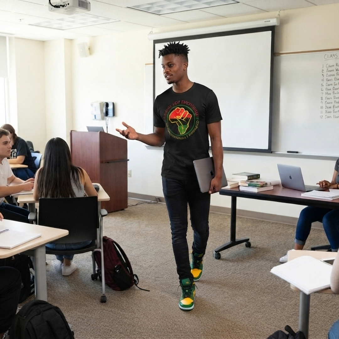Man wearing the We Are Not Emotional, We’re Historically Fatigued T-shirt while teaching in a classroom
