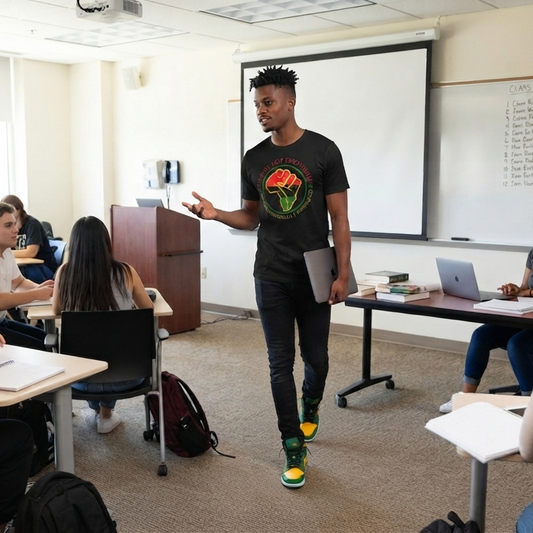 Man wearing the We Are Not Emotional, We’re Historically Fatigued T-shirt while teaching in a classroom