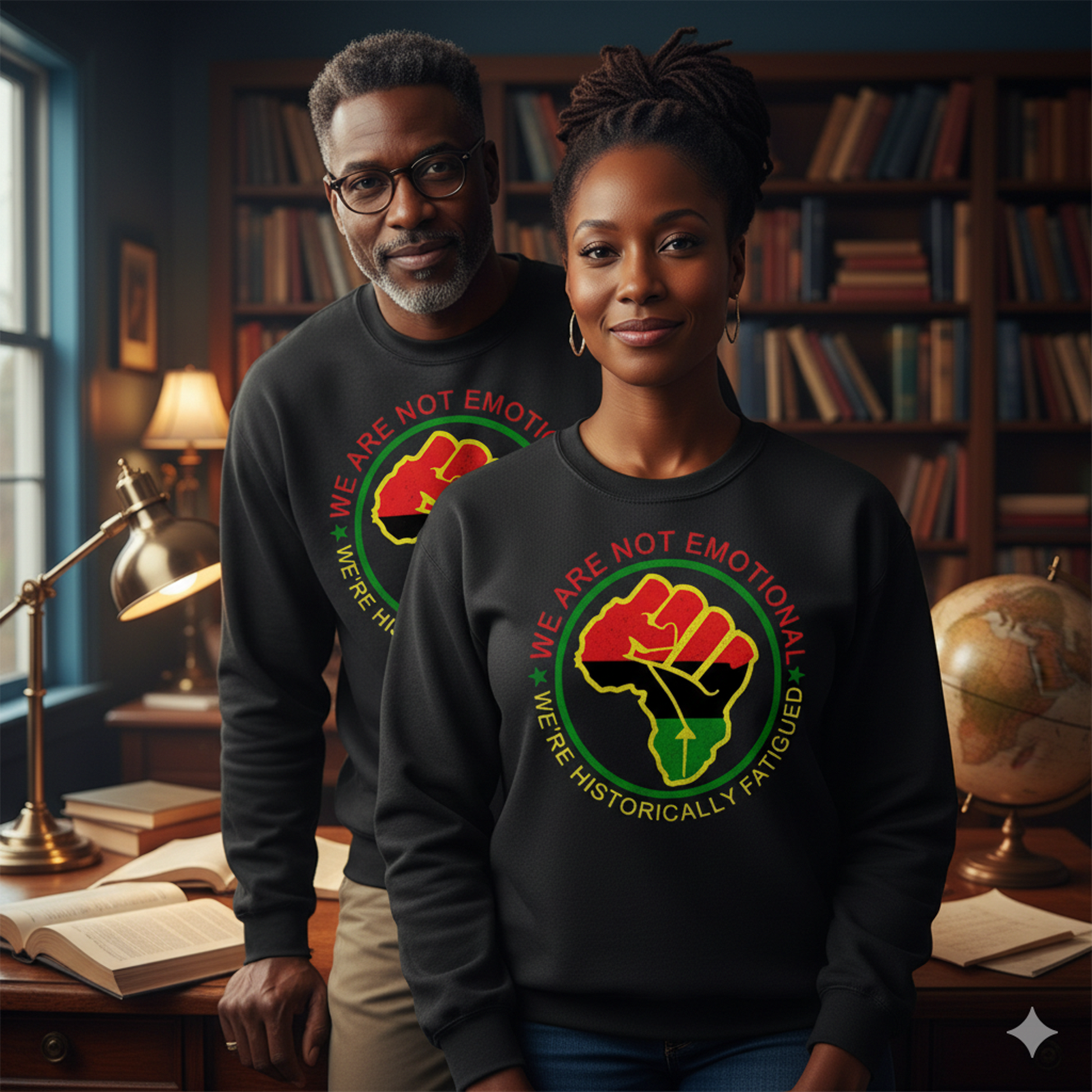People wearing black raised fist We Are Not Emotional, We’re Historically Fatigued premium crewneck sweatshirts