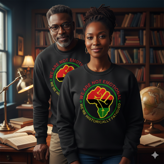 People wearing black raised fist We Are Not Emotional, We’re Historically Fatigued premium crewneck sweatshirts