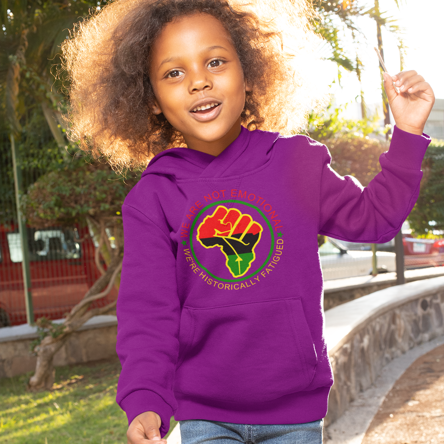 Girl wearing a purple raised fist We Are Not Emotional, We’re Historically Fatigued premium hoodie
