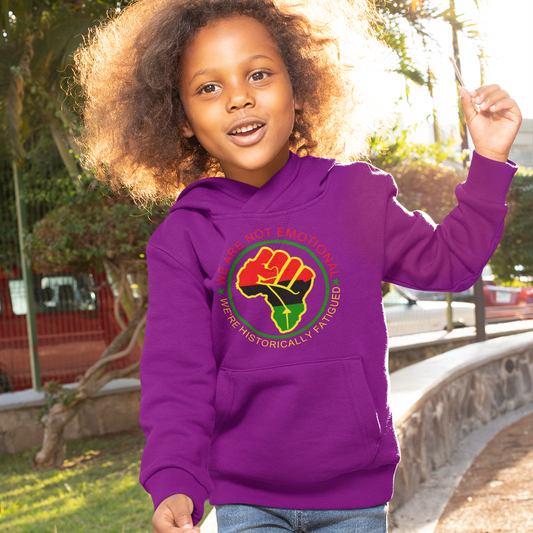 Girl wearing a purple raised fist We Are Not Emotional, We’re Historically Fatigued premium hoodie